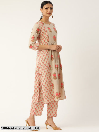 Beige & Pink Printed Kurta with Palazzos