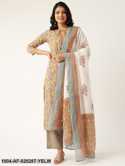 Yellow & Pink Printed Kurta with Palazzos & Dupatta
