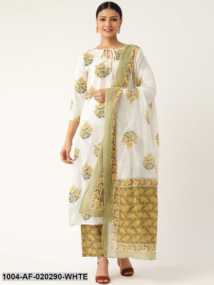 White & Olive Green Printed Kurta with Palazzos & Dupatta
