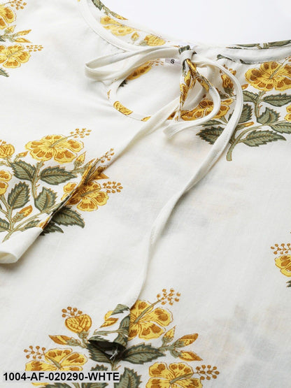 White & Olive Green Printed Kurta with Palazzos & Dupatta