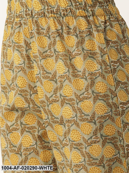 White & Olive Green Printed Kurta with Palazzos & Dupatta