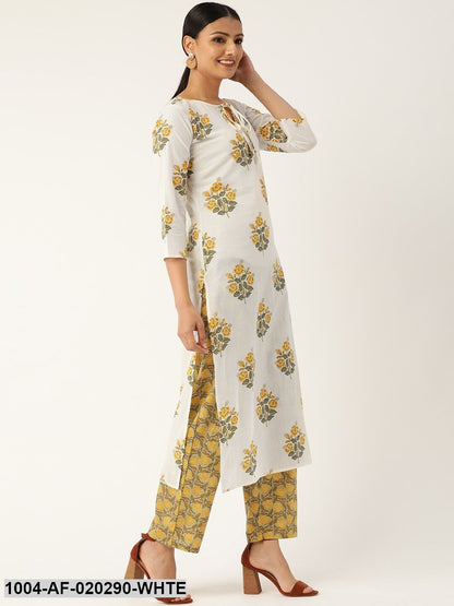 White & Olive Green Printed Kurta with Palazzos & Dupatta