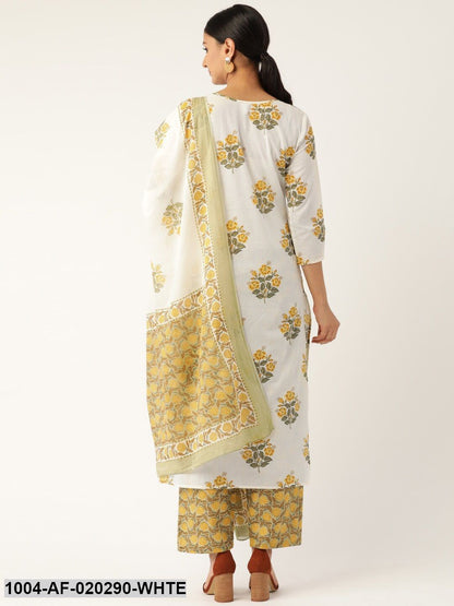 White & Olive Green Printed Kurta with Palazzos & Dupatta
