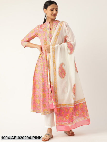 Pink & Off-White Printed Kurta with Trousers & Dupatta