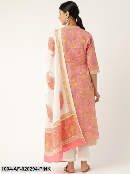 Pink & Off-White Printed Kurta with Trousers & Dupatta