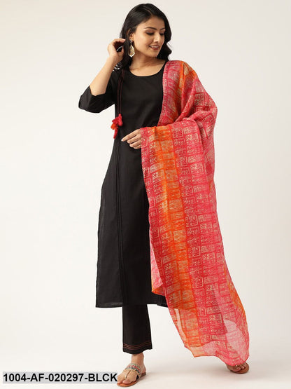 Black & Pink Solid Kurta with Trousers & Dupatta