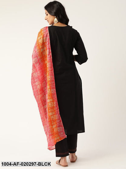 Black & Pink Solid Kurta with Trousers & Dupatta