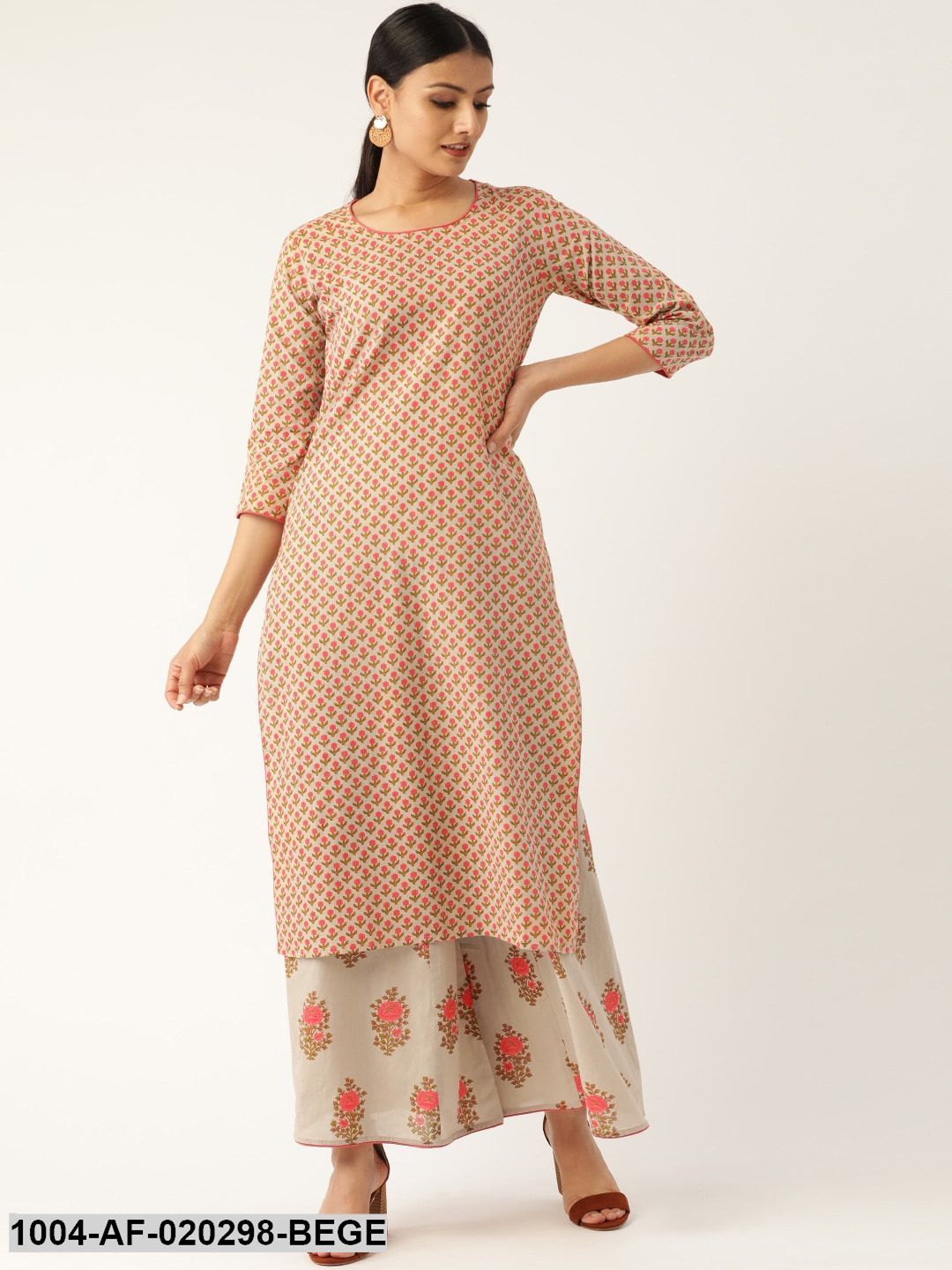 Beige & Pink Printed Kurta with Palazzos