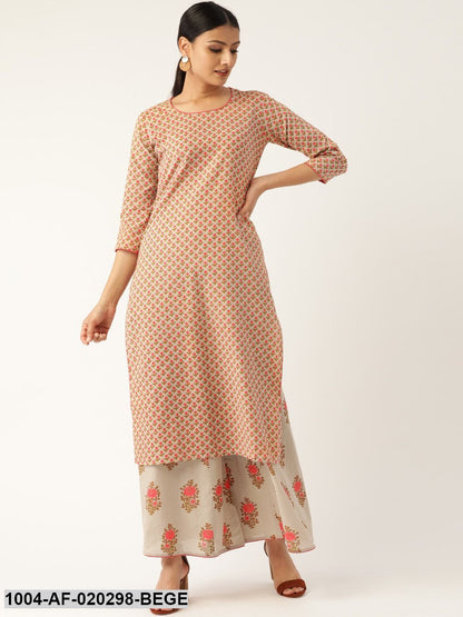 Beige & Pink Printed Kurta with Palazzos
