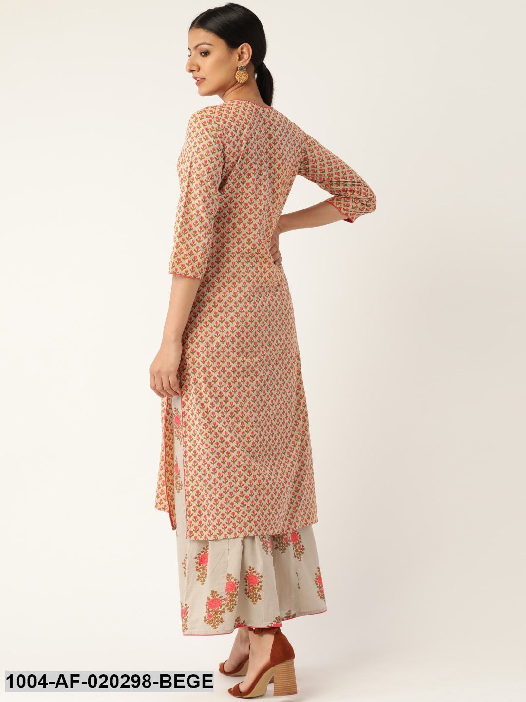 Beige & Pink Printed Kurta with Palazzos