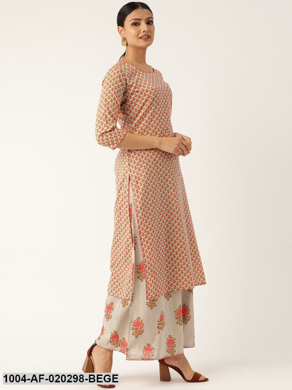 Beige & Pink Printed Kurta with Palazzos