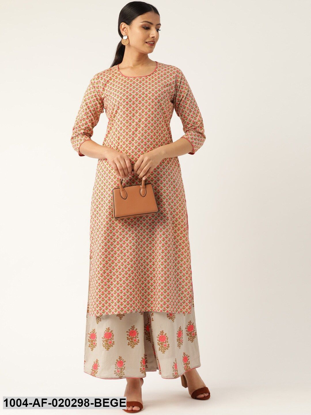 Beige & Pink Printed Kurta with Palazzos