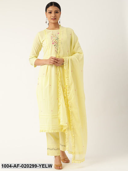 Yellow & Pink Embroidered Kurta with Palazzos & Dupatta