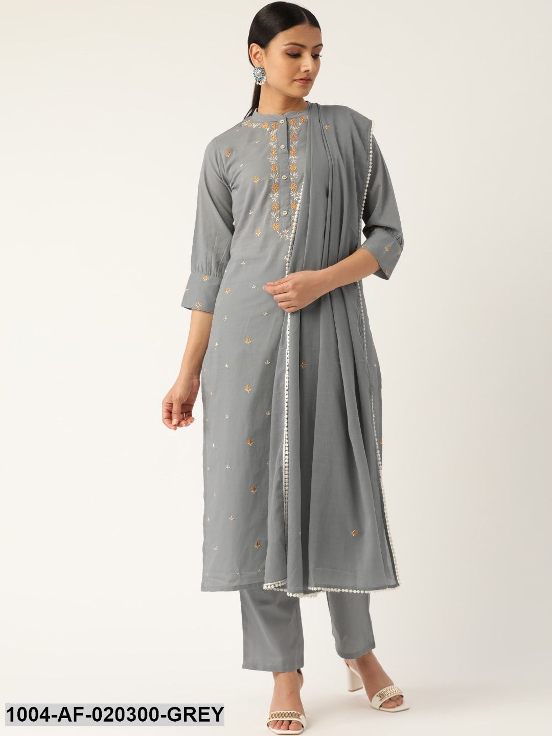 Grey & Orange Embroidered Kurta with Trousers & Dupatta