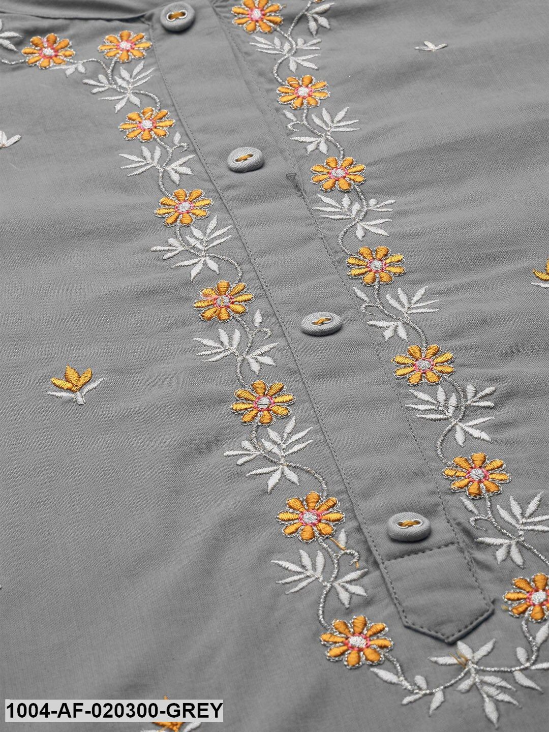 Grey & Orange Embroidered Kurta with Trousers & Dupatta