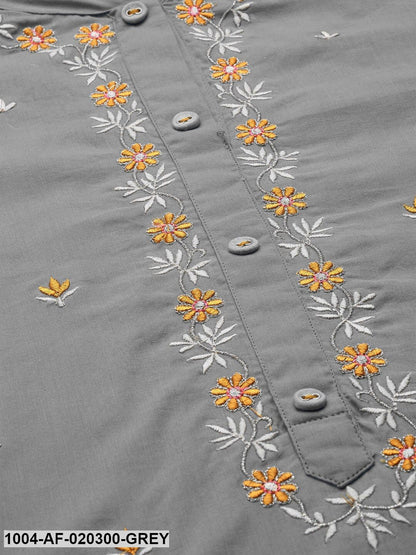 Grey & Orange Embroidered Kurta with Trousers & Dupatta