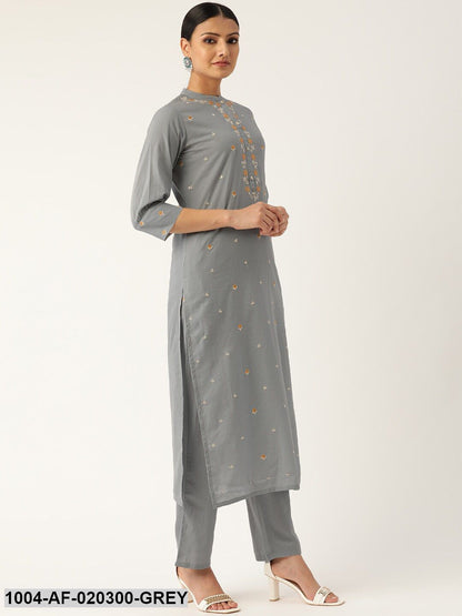 Grey & Orange Embroidered Kurta with Trousers & Dupatta