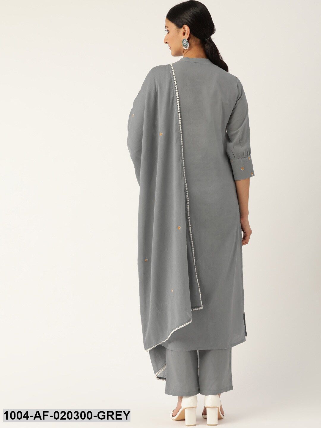 Grey & Orange Embroidered Kurta with Trousers & Dupatta