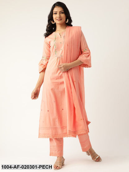 Peach-Coloured Embroidered Kurta with Palazzos & Dupatta