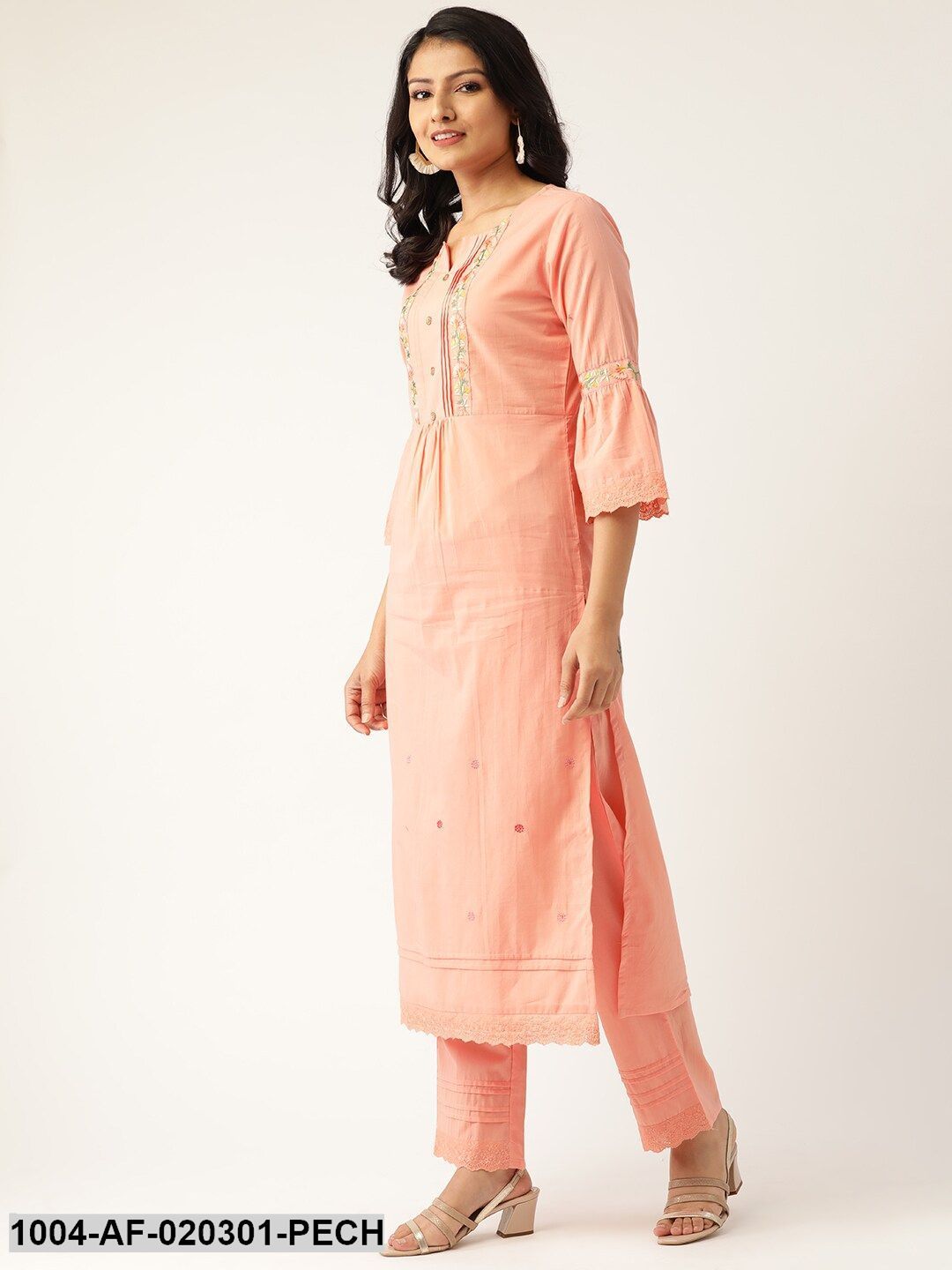 Peach-Coloured Embroidered Kurta with Palazzos & Dupatta