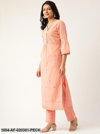 Peach-Coloured Embroidered Kurta with Palazzos & Dupatta