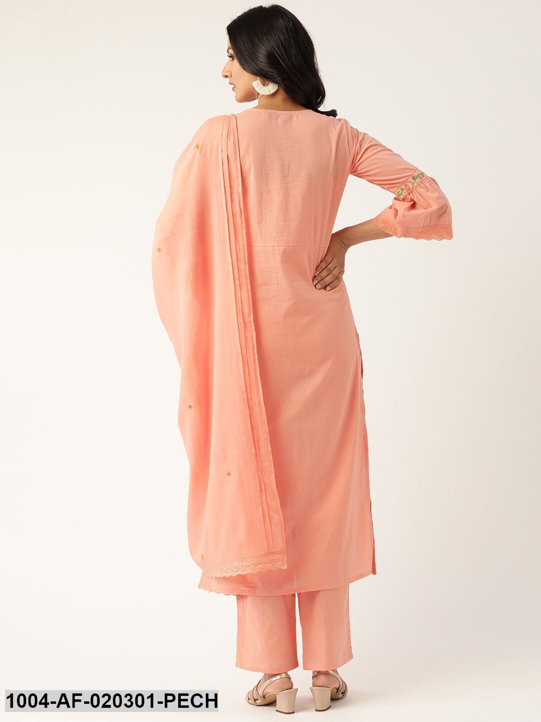Peach-Coloured Embroidered Kurta with Palazzos & Dupatta