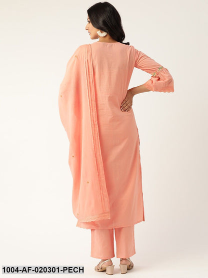 Peach-Coloured Embroidered Kurta with Palazzos & Dupatta