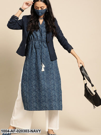 Navy Blue  White Pure Cotton Ethnic Motif Print Kurta with Palazzos