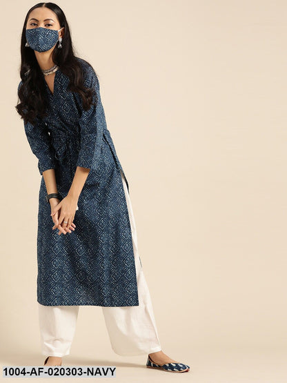 Navy Blue  White Pure Cotton Ethnic Motif Print Kurta with Palazzos