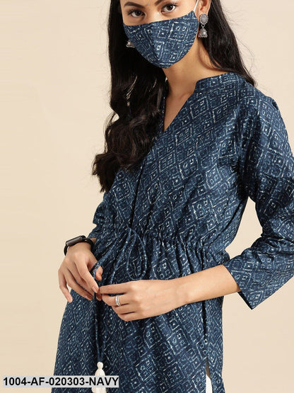 Navy Blue  White Pure Cotton Ethnic Motif Print Kurta with Palazzos