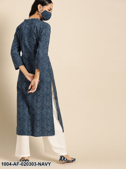 Navy Blue  White Pure Cotton Ethnic Motif Print Kurta with Palazzos