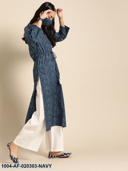 Navy Blue  White Pure Cotton Ethnic Motif Print Kurta with Palazzos