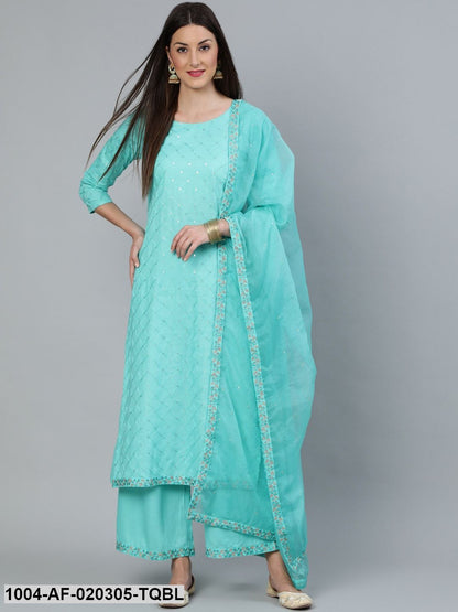 Turquiose Blue Sequin Embesllished Kurta With Palazo & Organza Dupatta