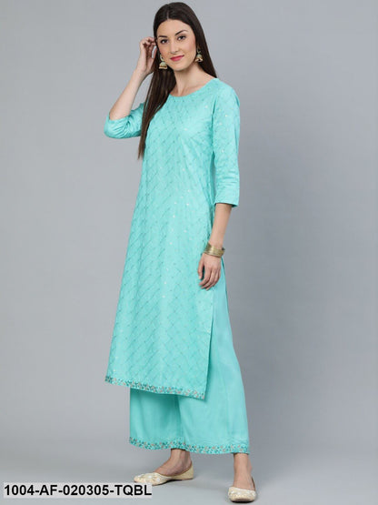 Turquiose Blue Sequin Embesllished Kurta With Palazo & Organza Dupatta