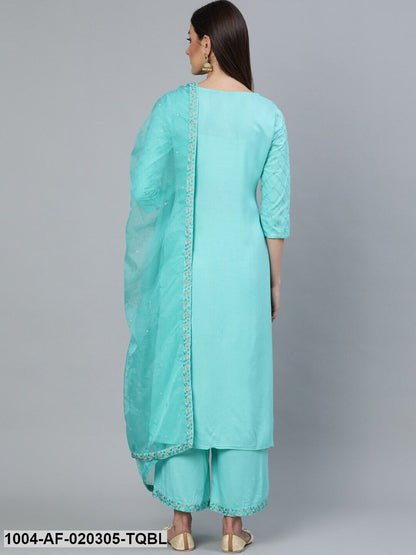 Turquiose Blue Sequin Embesllished Kurta With Palazo & Organza Dupatta