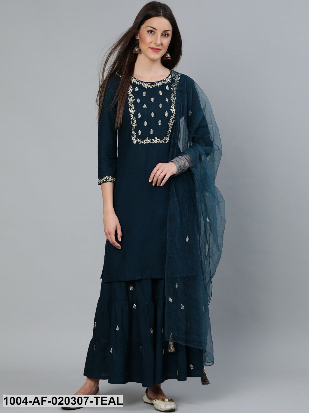 Teal Blue Gold Embroidered Straight Kurta With Tired Sharara & Organza Dupatta