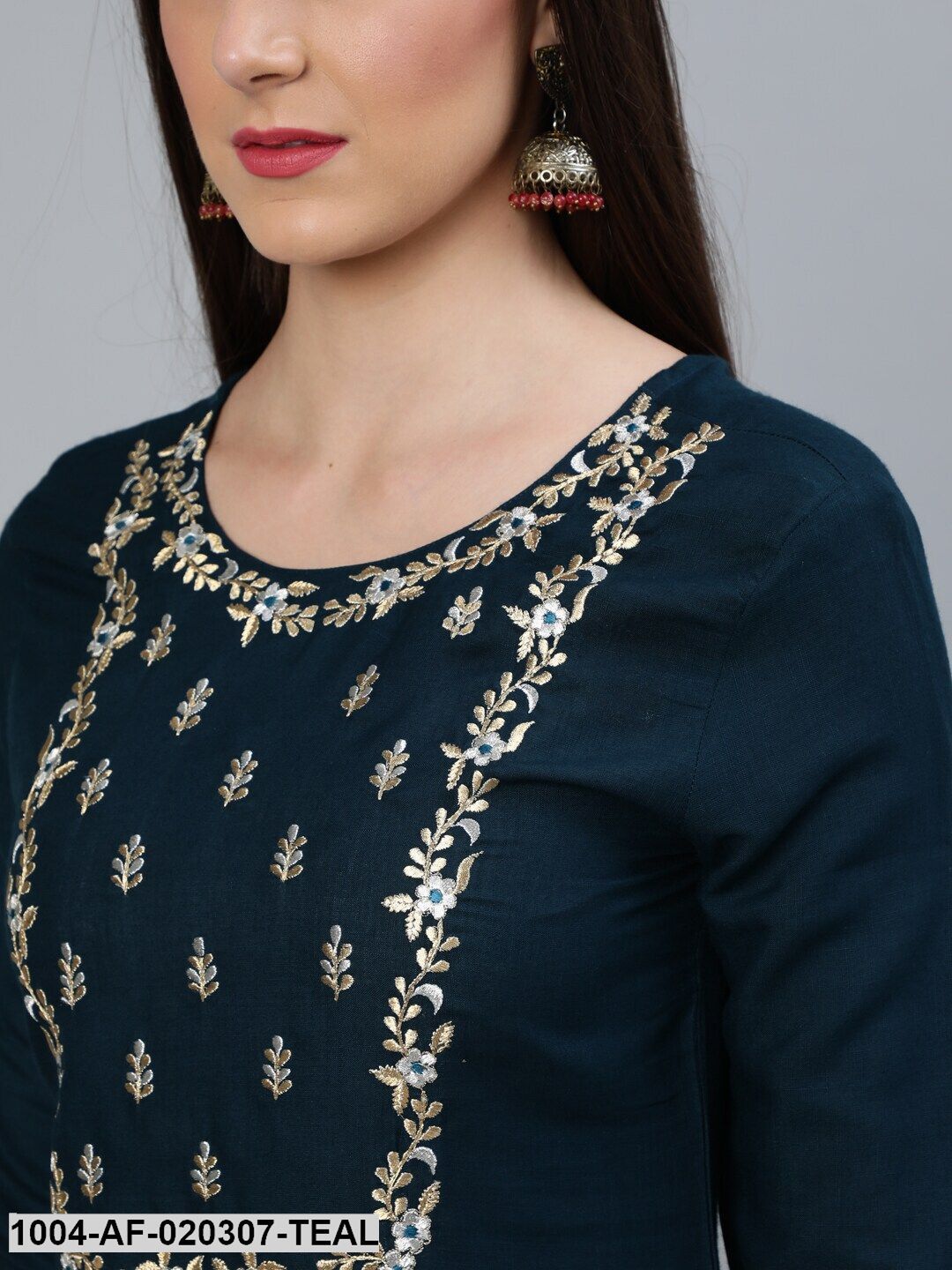 Teal Blue Gold Embroidered Straight Kurta With Tired Sharara & Organza Dupatta