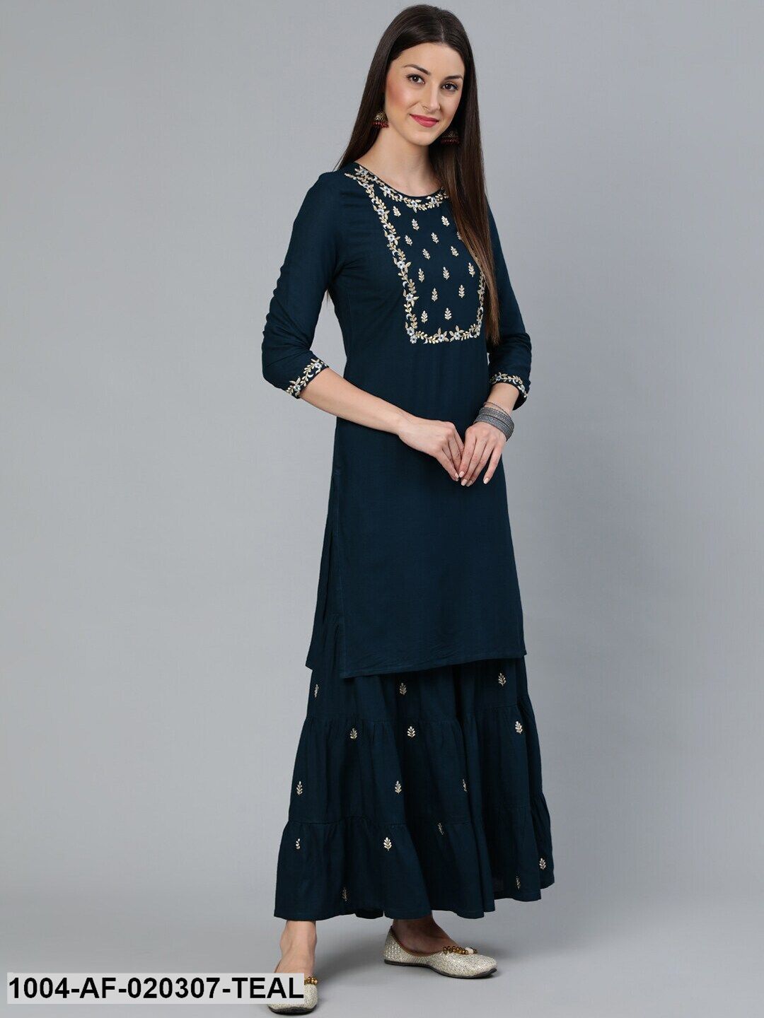 Teal Blue Gold Embroidered Straight Kurta With Tired Sharara & Organza Dupatta