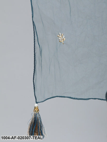 Teal Blue Gold Embroidered Straight Kurta With Tired Sharara & Organza Dupatta