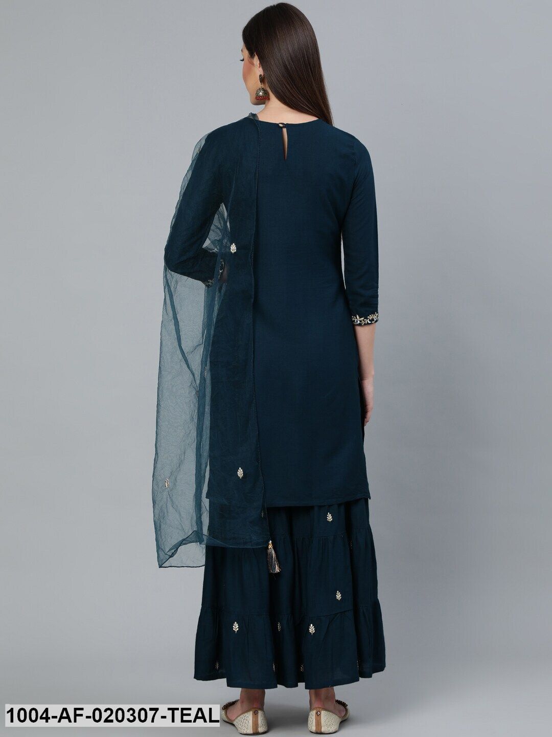 Teal Blue Gold Embroidered Straight Kurta With Tired Sharara & Organza Dupatta