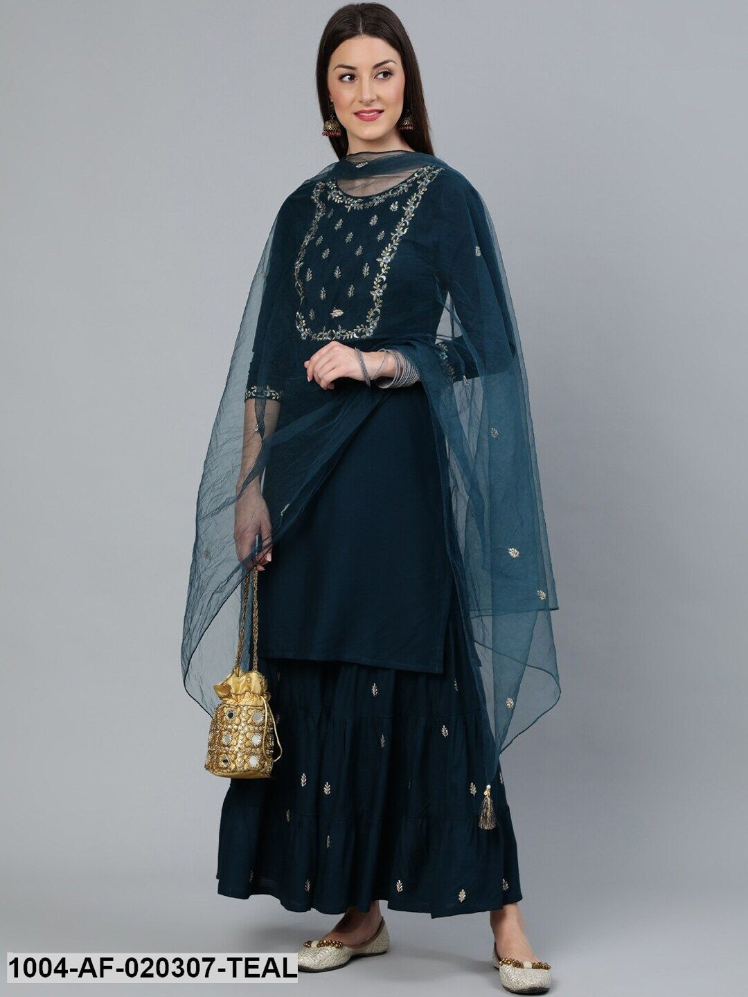 Teal Blue Gold Embroidered Straight Kurta With Tired Sharara & Organza Dupatta