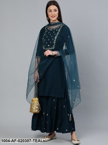 Teal Blue Gold Embroidered Straight Kurta With Tired Sharara & Organza Dupatta