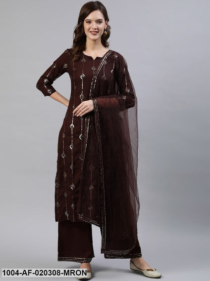 Brown Sequin Embellished Kurta With Palazzo & Net Dupatta