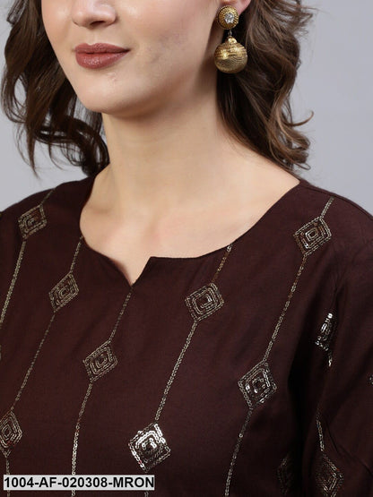 Brown Sequin Embellished Kurta With Palazzo & Net Dupatta