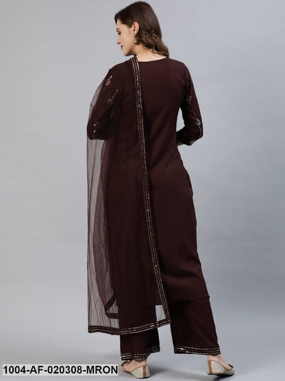 Brown Sequin Embellished Kurta With Palazzo & Net Dupatta