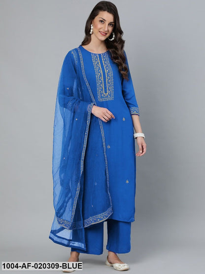Blue Floral Embroidered Panelled A-Line Keyhole Neck Kurti & Sharara With