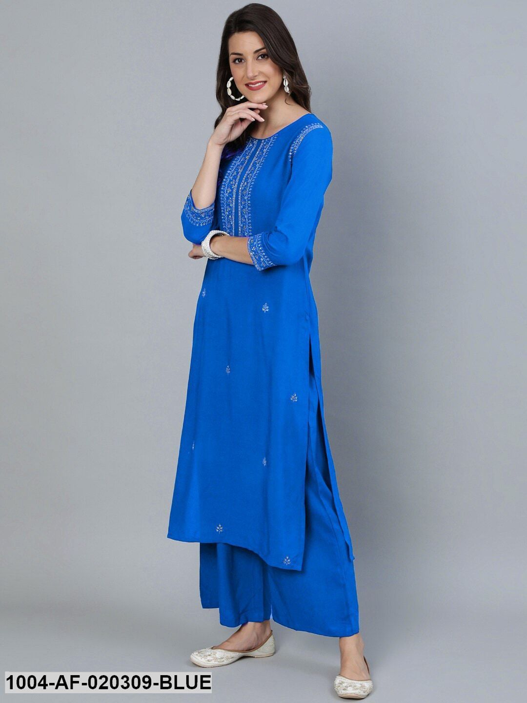 Blue Floral Embroidered Panelled A-Line Keyhole Neck Kurti & Sharara With