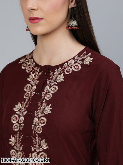 Coffee Brown Embroidered Straight Kurta Plazzo & Scalloped Dupatta