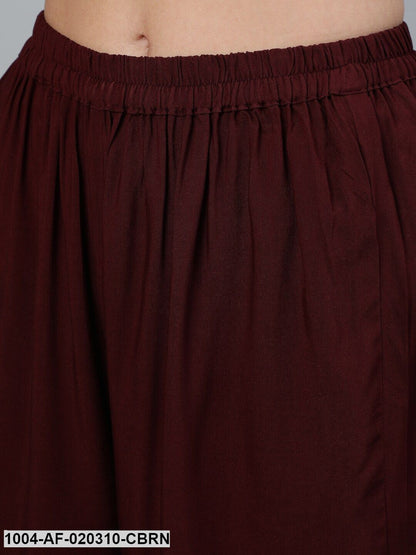 Coffee Brown Embroidered Straight Kurta Plazzo & Scalloped Dupatta