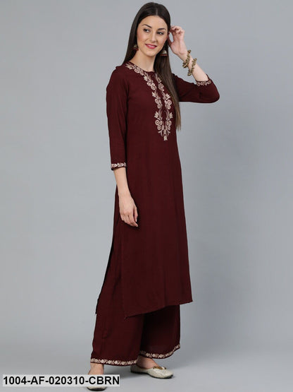 Coffee Brown Embroidered Straight Kurta Plazzo & Scalloped Dupatta